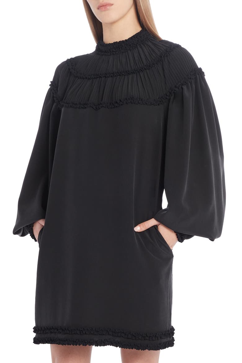 Ruffle Yoke Long Sleeve Silk Crêpe de Chine Minidress, Alternate, color, BLACK