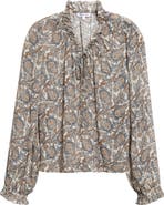 Veronica Beard Hickory Print Tie Neck Silk Blend Shirt