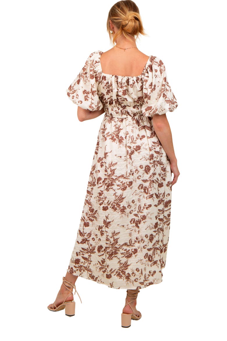 Floral Puff Sleeve Midi Dress, Alternate, color, Brown