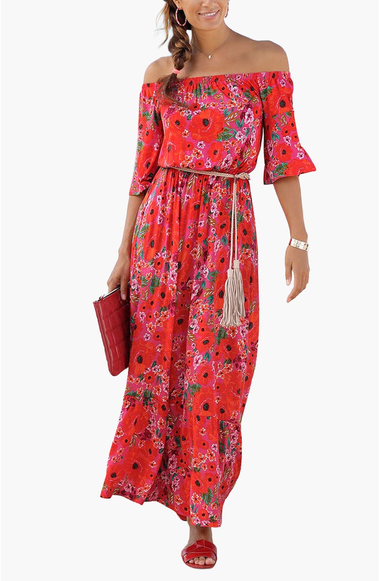 LASCANA Women's Off Shoulder Printed Maxi Dress, Main, color, Multi