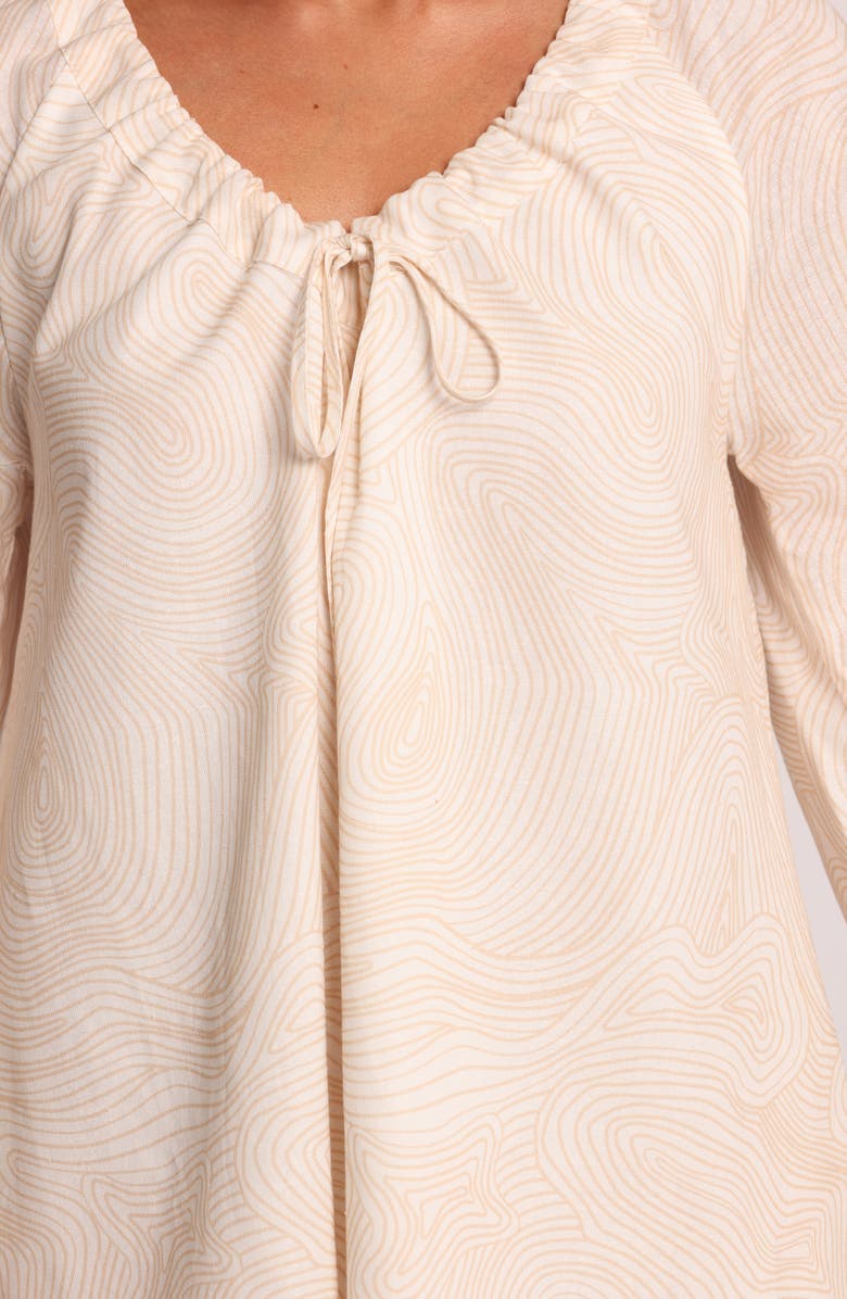 Petal & Pup Walker Woodcut Print Long Sleeve Cotton & Linen Minidress, Alternate, color, Tan Swirl