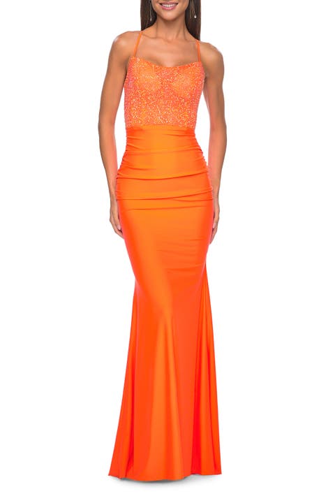 Rhinestone Bodice with Ruched Jersey Skirt Prom Dress
