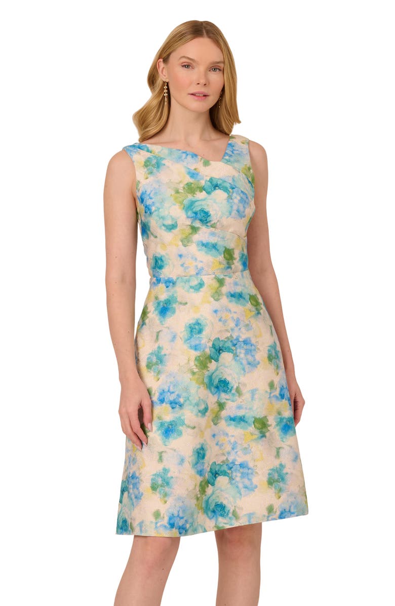 Adrianna Papell Asymmetric Metallic Jacquard Dress, Alternate, color,