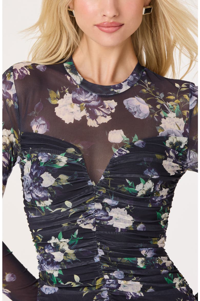 Floral Ruched Long Sleeve Mesh Dress, Alternate, color, BLUE MULTI FLORAL