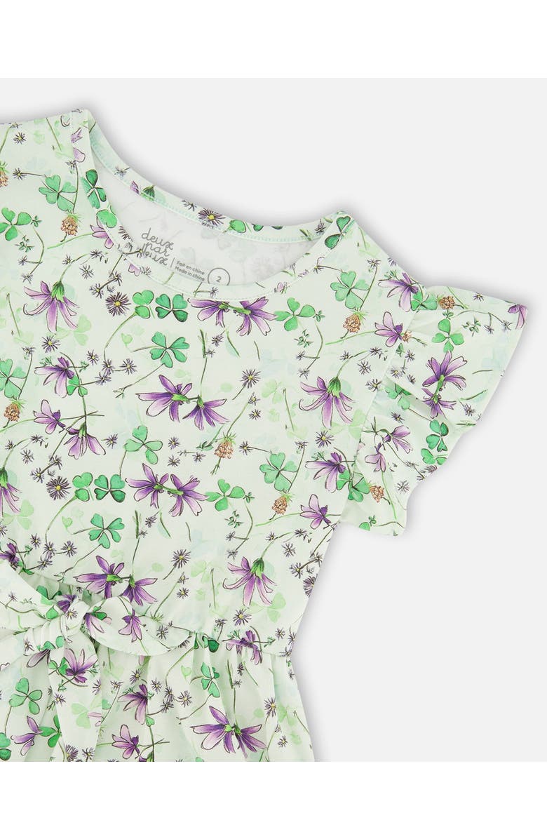 Deux par Deux Jersey Flutter Sleeves Printed Flowers Dress, Alternate, color, Green Floral Print