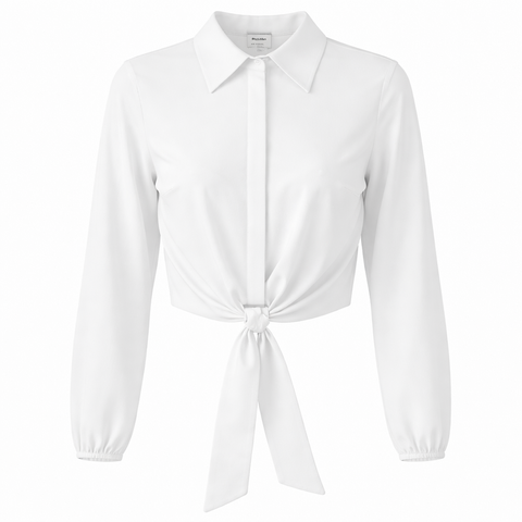 Cropped Hidden Placket Hem Tie Blouse