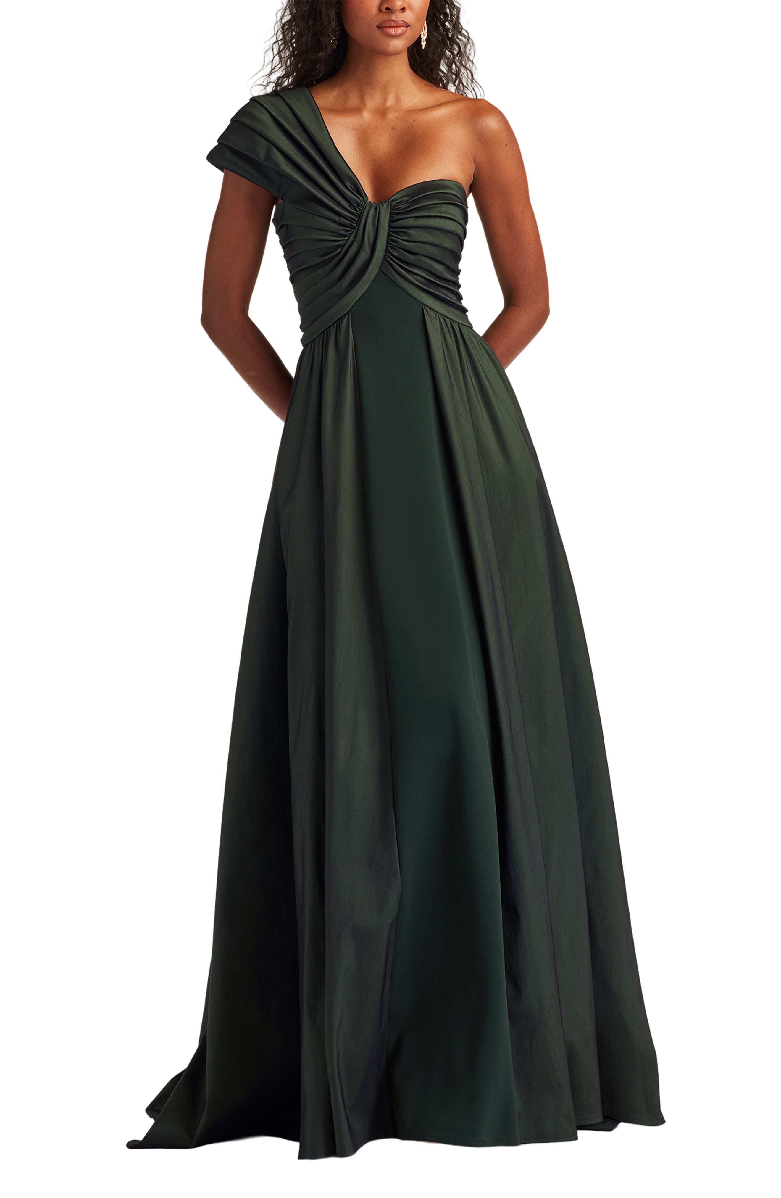 one shoulder taffeta dress Women's Cuevas Asymmetric One Shoulder Taffeta Floor Length Dress XS/S/M/L/XL/XXL/Customize/Green/Deep Fuchsia/Black/Plum/MEAN BLVD Deep Fuchsia / M