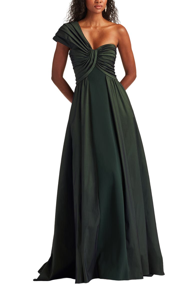One-Shoulder Taffeta Gown, Alternate, color, DARK FOREST