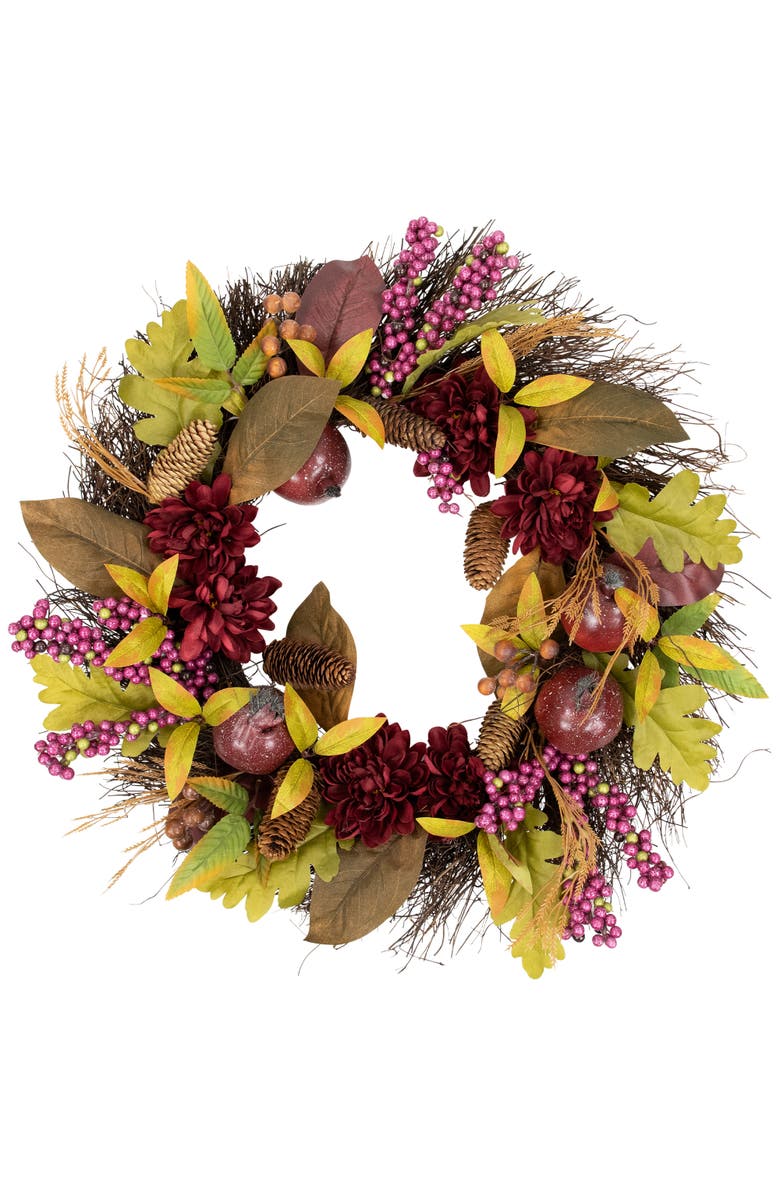 Northlight Mums and Pomegranates Artificial Fall Harvest Twig Wreath, 24-Inch, Main, color, Brown