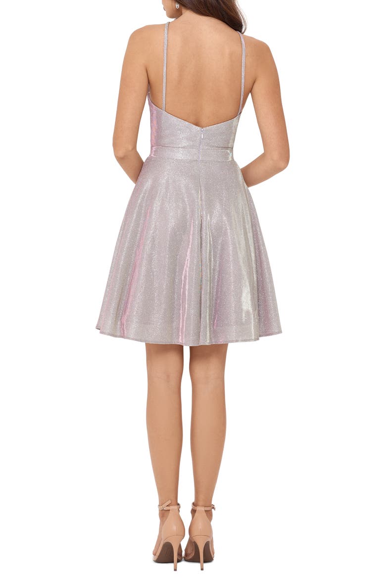 Xscape Halter Neck Metallic Knit Cocktail Dress, Alternate, color, WHITE/ PINK/ GOLD