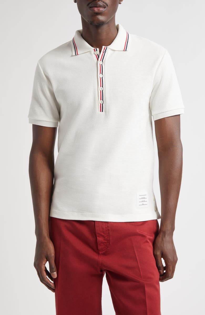 Thom Browne Stripe Trim Waffle Stitch Polo, Main, color, Natural White