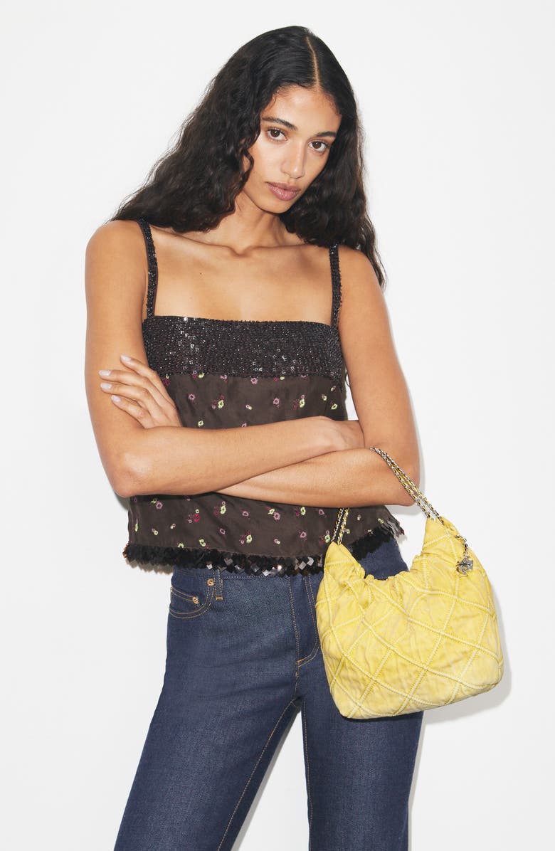 Tory Burch Mini Fleming Quilted Denim Hobo Bag, Alternate, color, Yellow