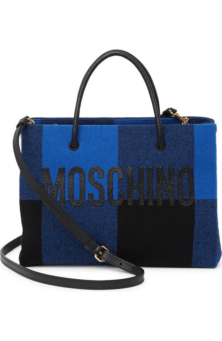 Moschino Plaid Print Logo Tote Bag, Main, color,