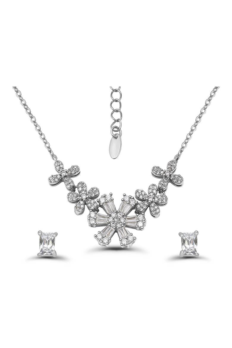 Cubic Zirconia Floral Necklace & Stud Earrings Set, Main, color, SILVER