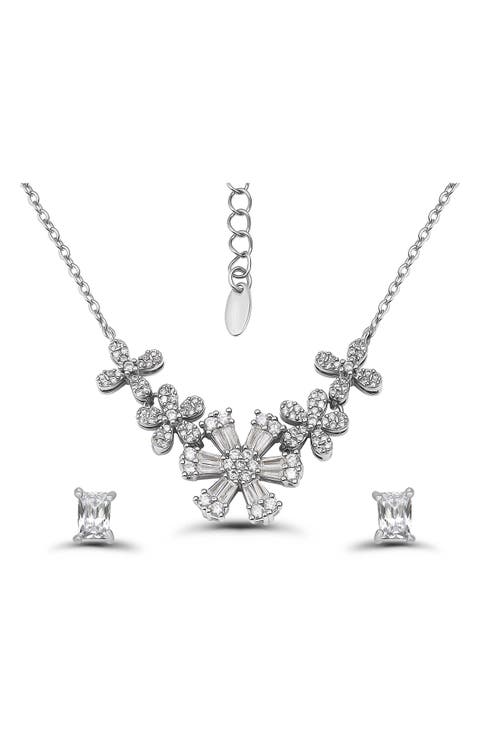Cubic Zirconia Floral Necklace & Stud Earrings Set