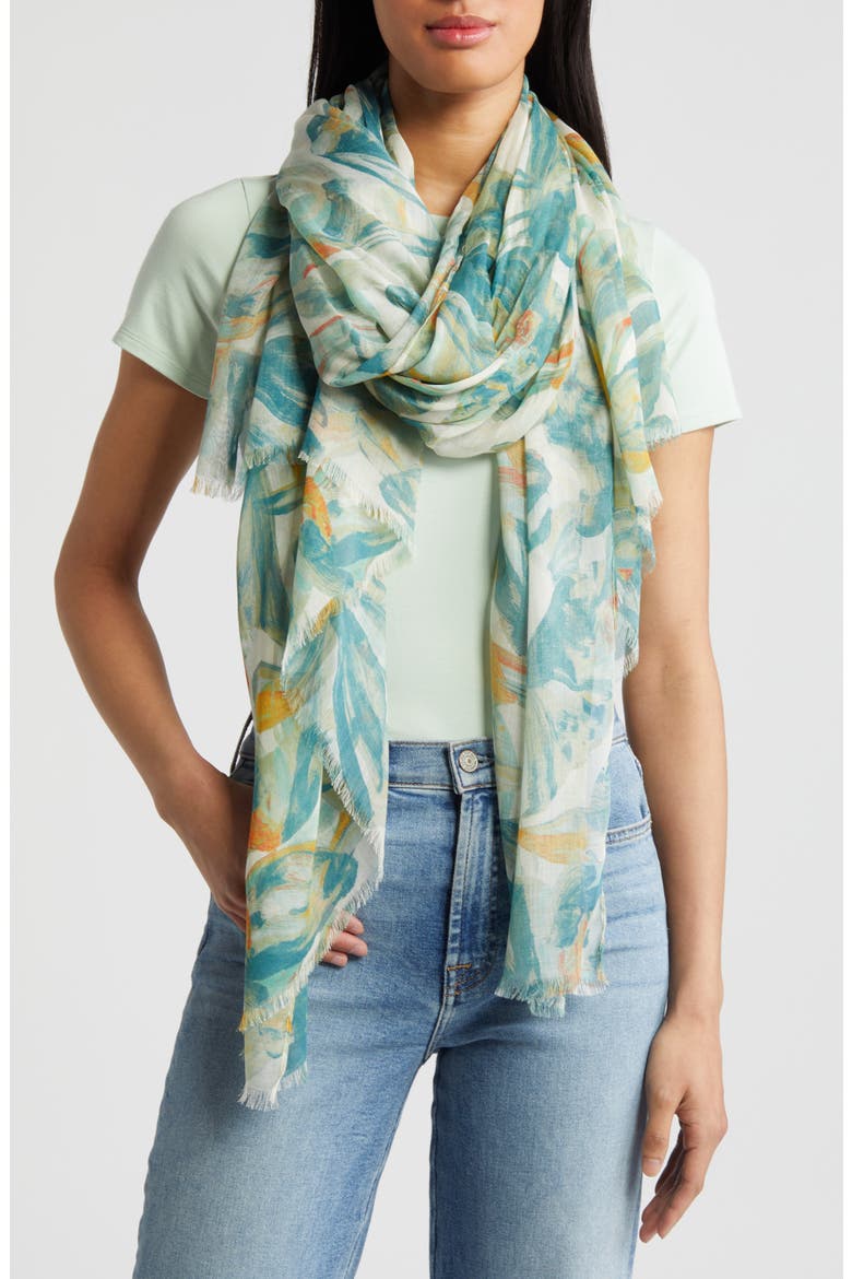 Print Modal & Silk Scarf, Main, color, GREEN FLUTTER ABSTRACT