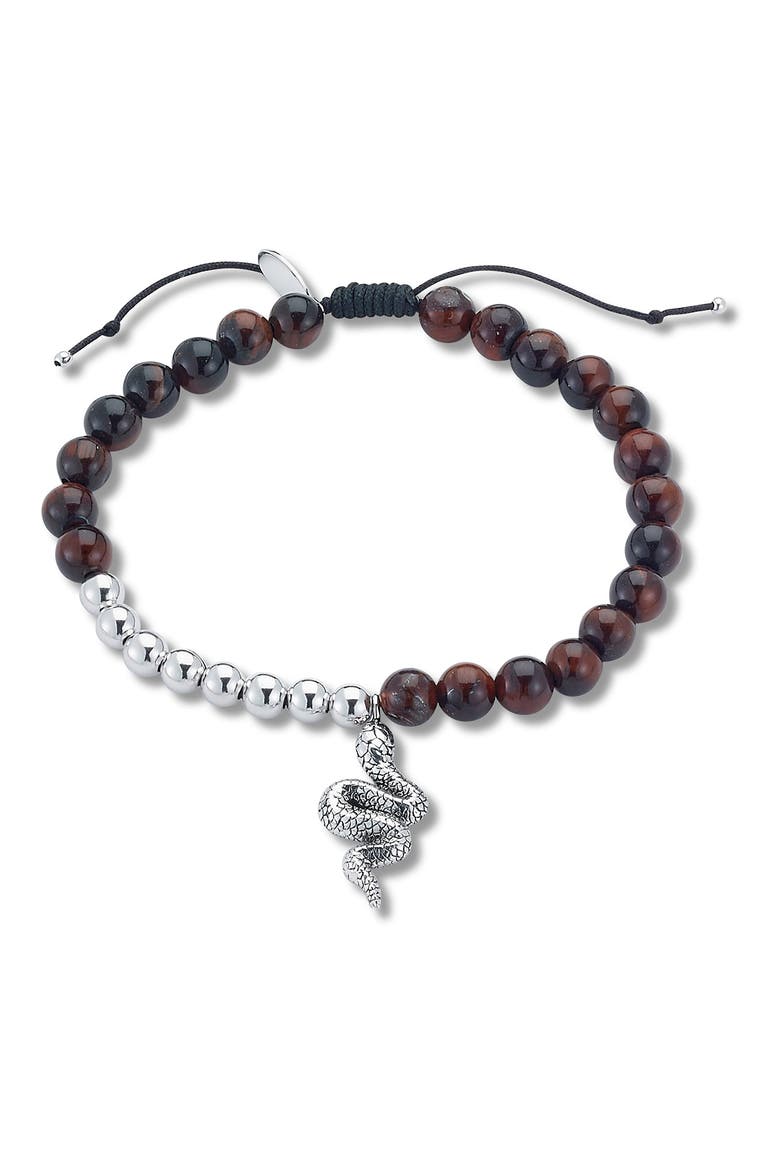 Sterling Silver Tiger Eye Gem Bead Snake Bracelet, Main, color, BROWN