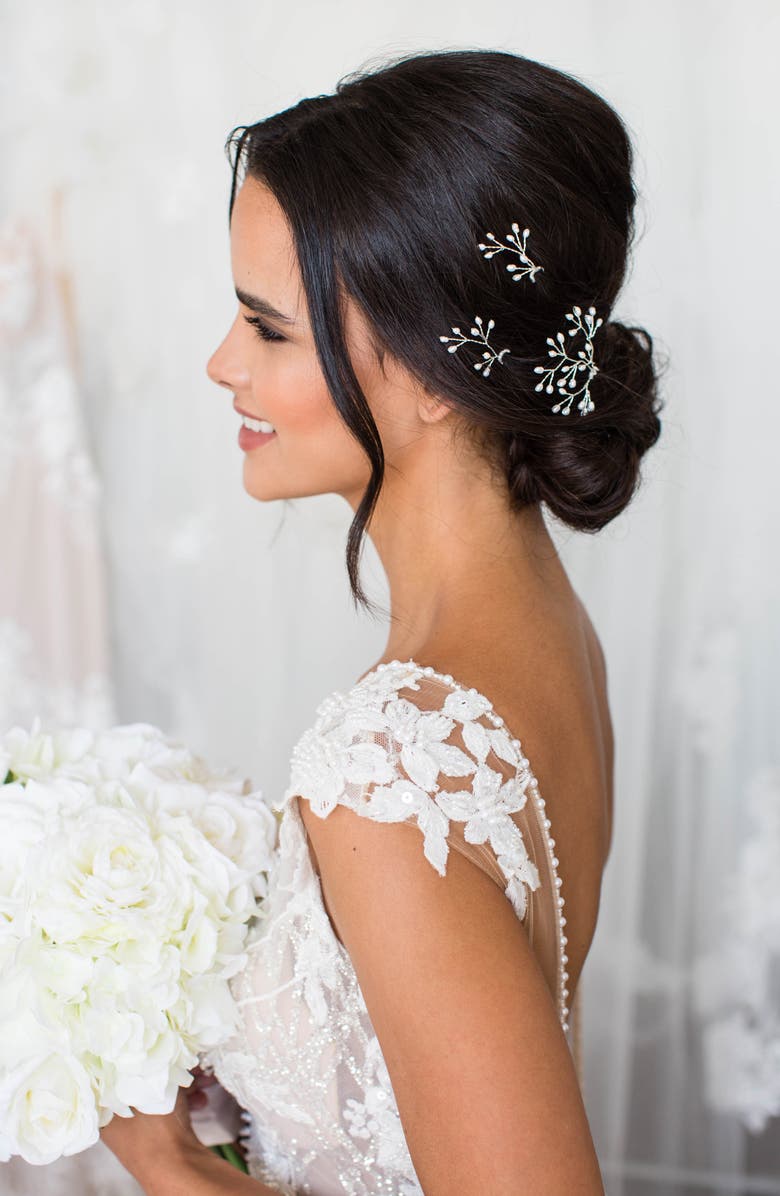 Brides & Hairpins Beryl Set of 3 Imitation Pearl Hair Pins, Main, color, Silver