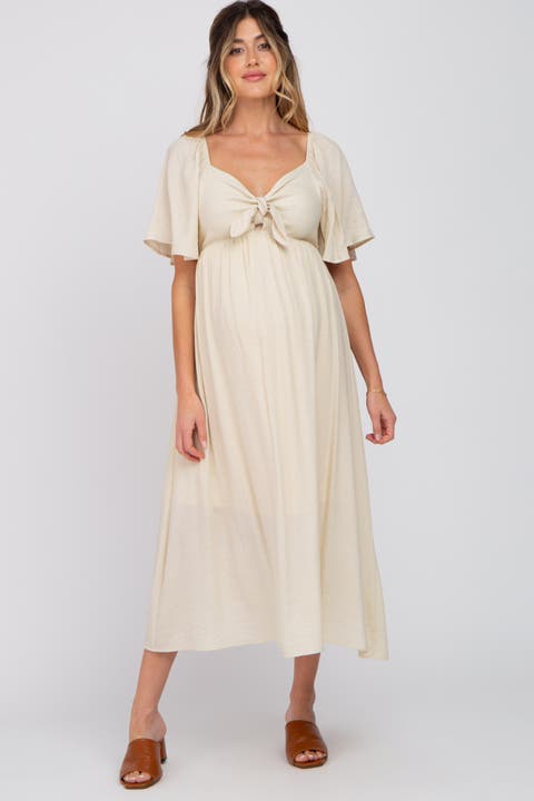 Front Tie Ruffle Sleeve Midi Dress