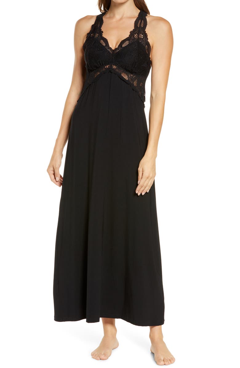 Fleur't Belle Époque Lace Trim Knit Nightgown, Main, color, Black