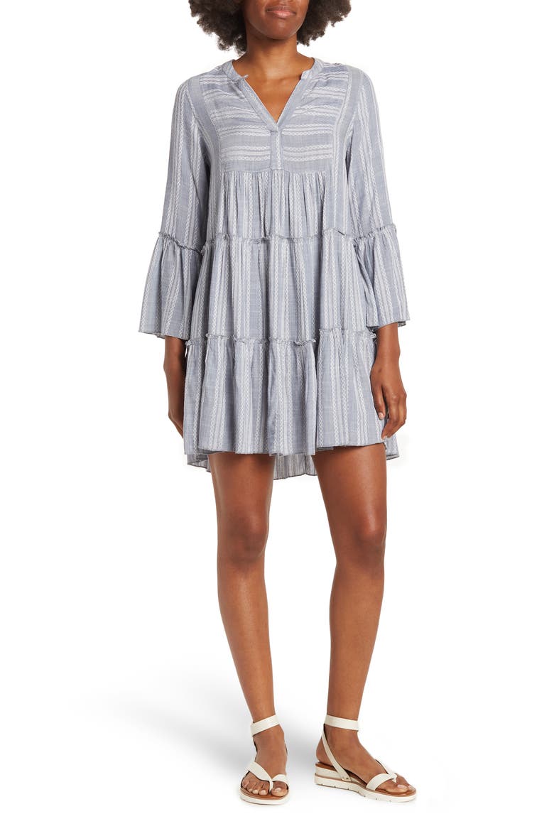 Printed Tiered A-Line Dress, Main, color, DENIM
