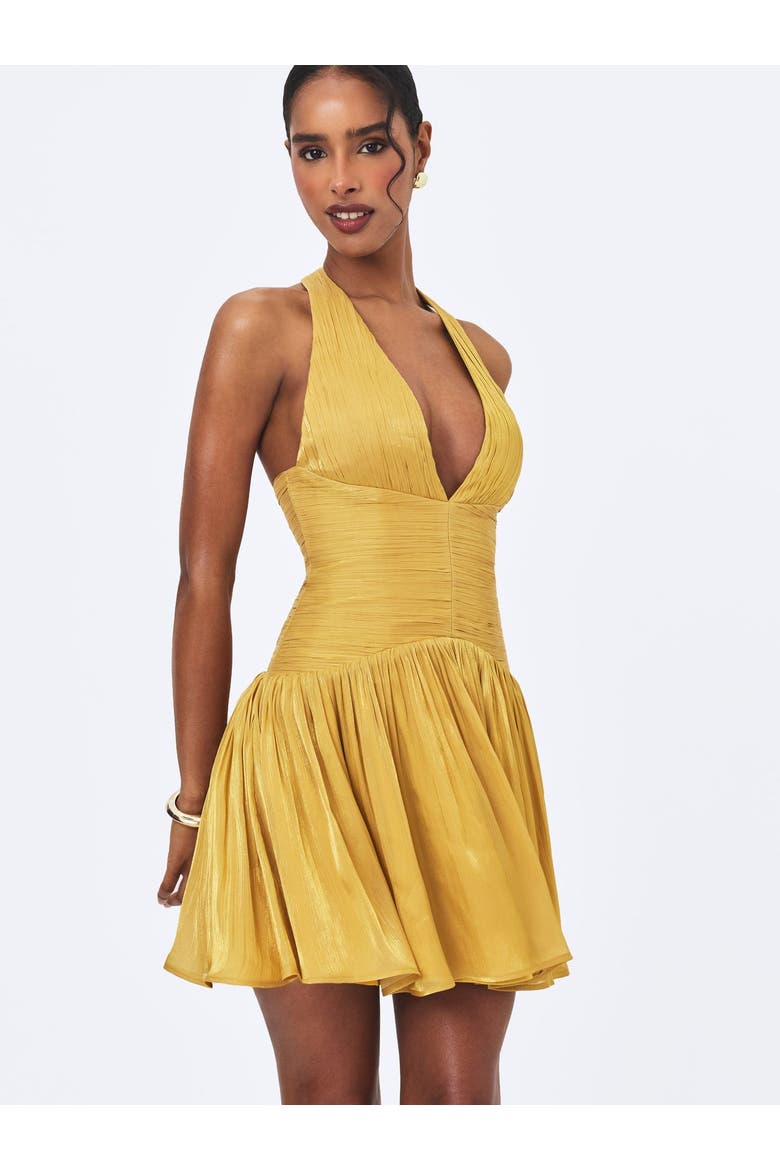 Xavia Crystal Organza Plunging Halter Mini Dress, Alternate, color, Gold