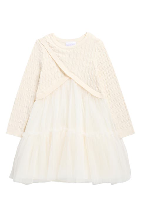 Kids' Tiered Mesh Long Sleeve Sweater Dress