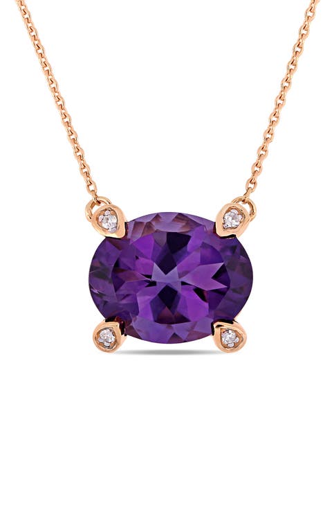 10K Rose Gold African Amethyst & Diamond Pendant Necklace - 0.02ct.