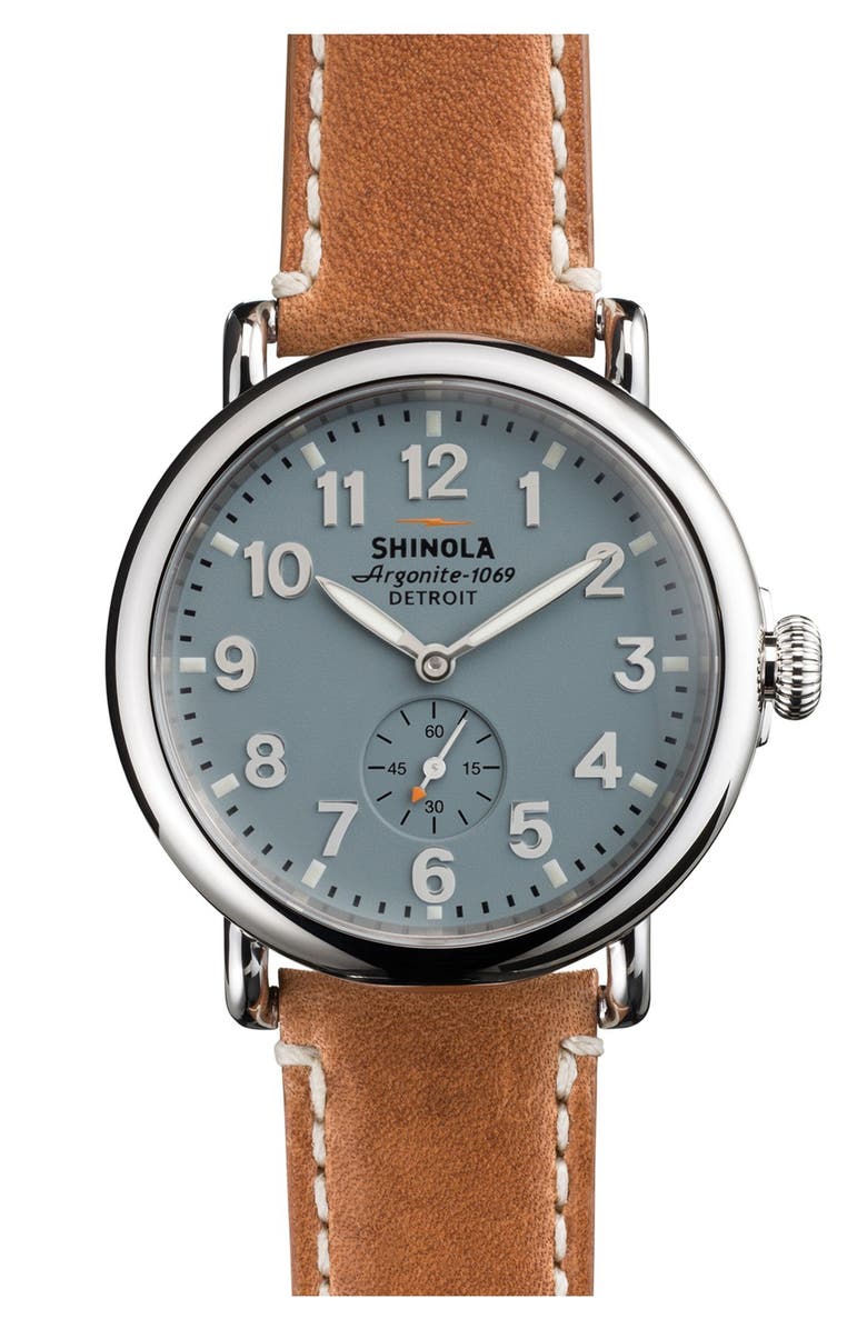 Shinola 'The Runwell' Leather Strap Watch, 41mm, Main, color, Brown/ Pale Grey