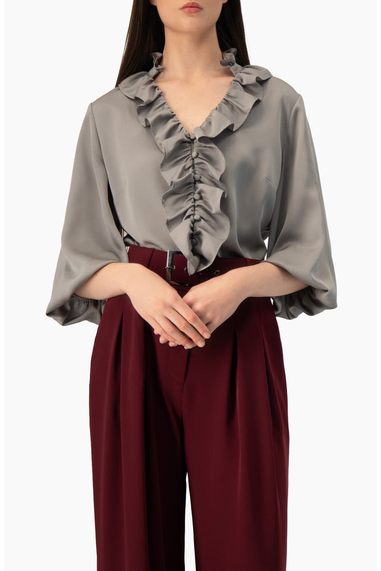 Ruffle-collar Blouse With Balloon Sleeves, Main, color, Grey