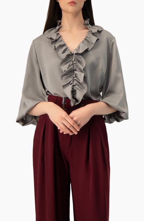 Ruffle-collar Blouse With Balloon Sleeves