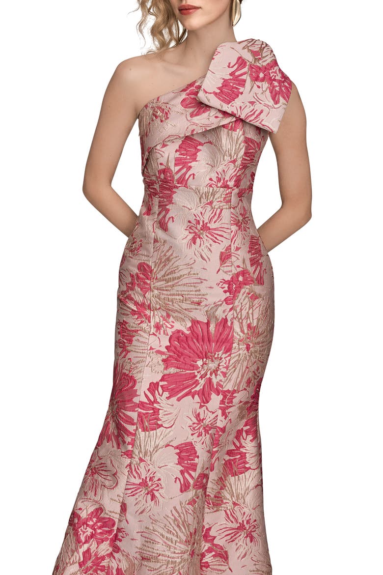 Metallic One-Shoulder Jacquard Mermaid Gown, Alternate, color, FUCHSIA MULTI