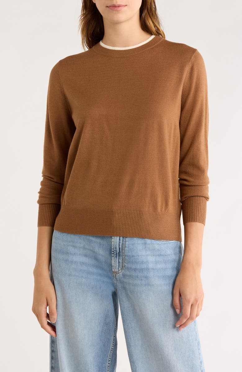 Elodie Tipped Crewneck Sweater, Main, color, Brown