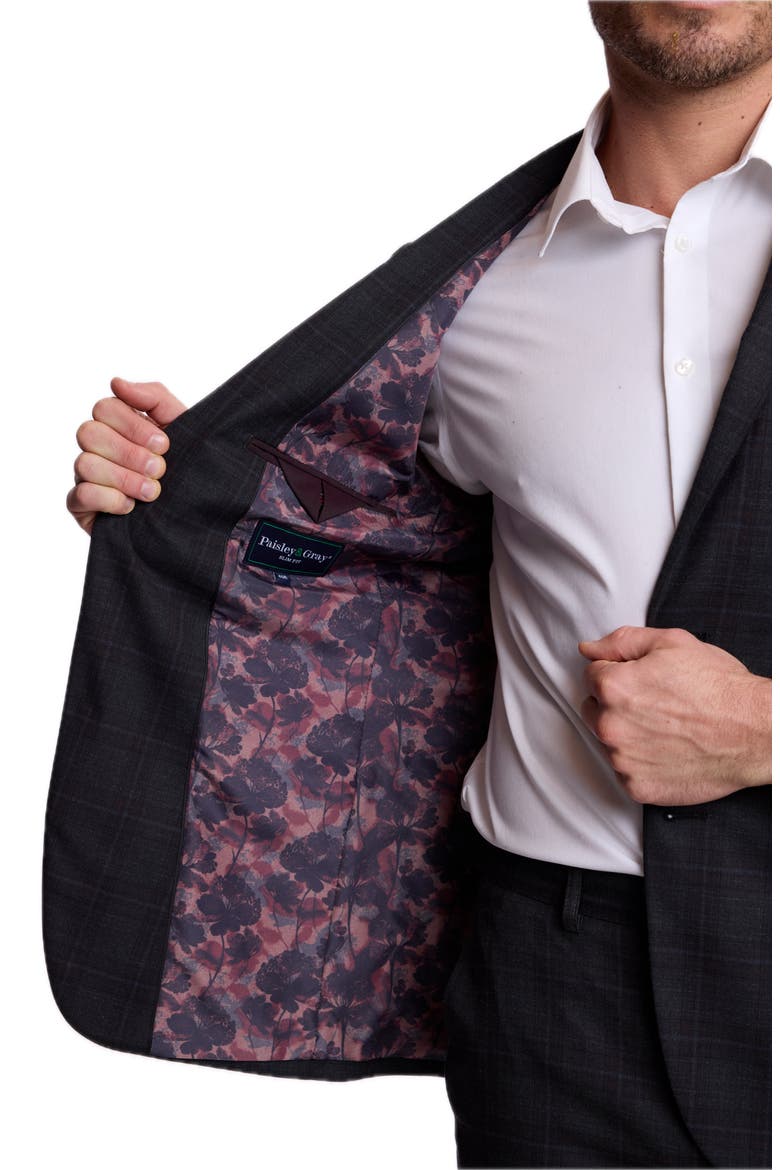 Dover Slim Fit Plaid Suit Jacket, Alternate, color, CHARCOAL BURGUNDY PLAID