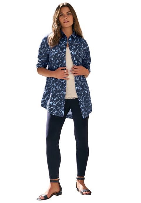 Kate Long-Sleeve Crisp Cotton-Blend Button-Front Tunic (Plus)