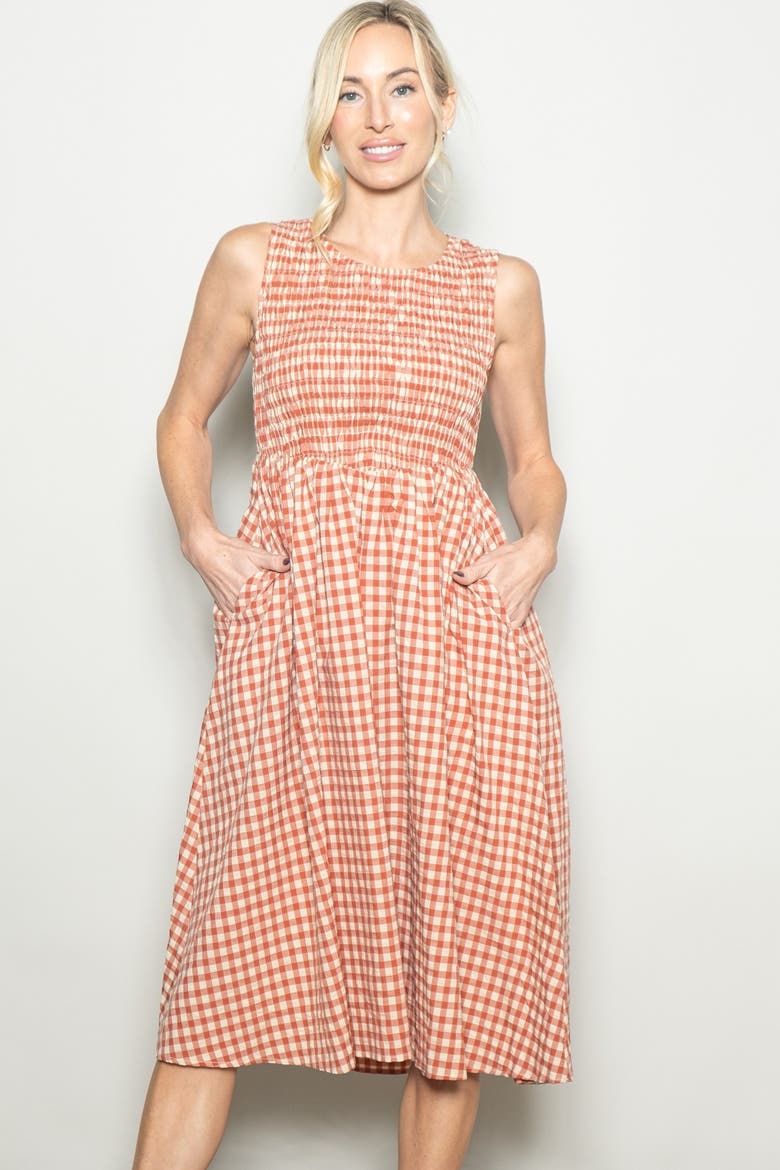 Gingham Smocked Sleeveless Midi Dress, Alternate, color, Red