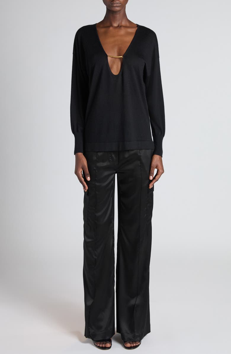 TOM FORD Stretch Silk Satin Flare Leg Cargo Pajama Pants, Alternate, color, Black