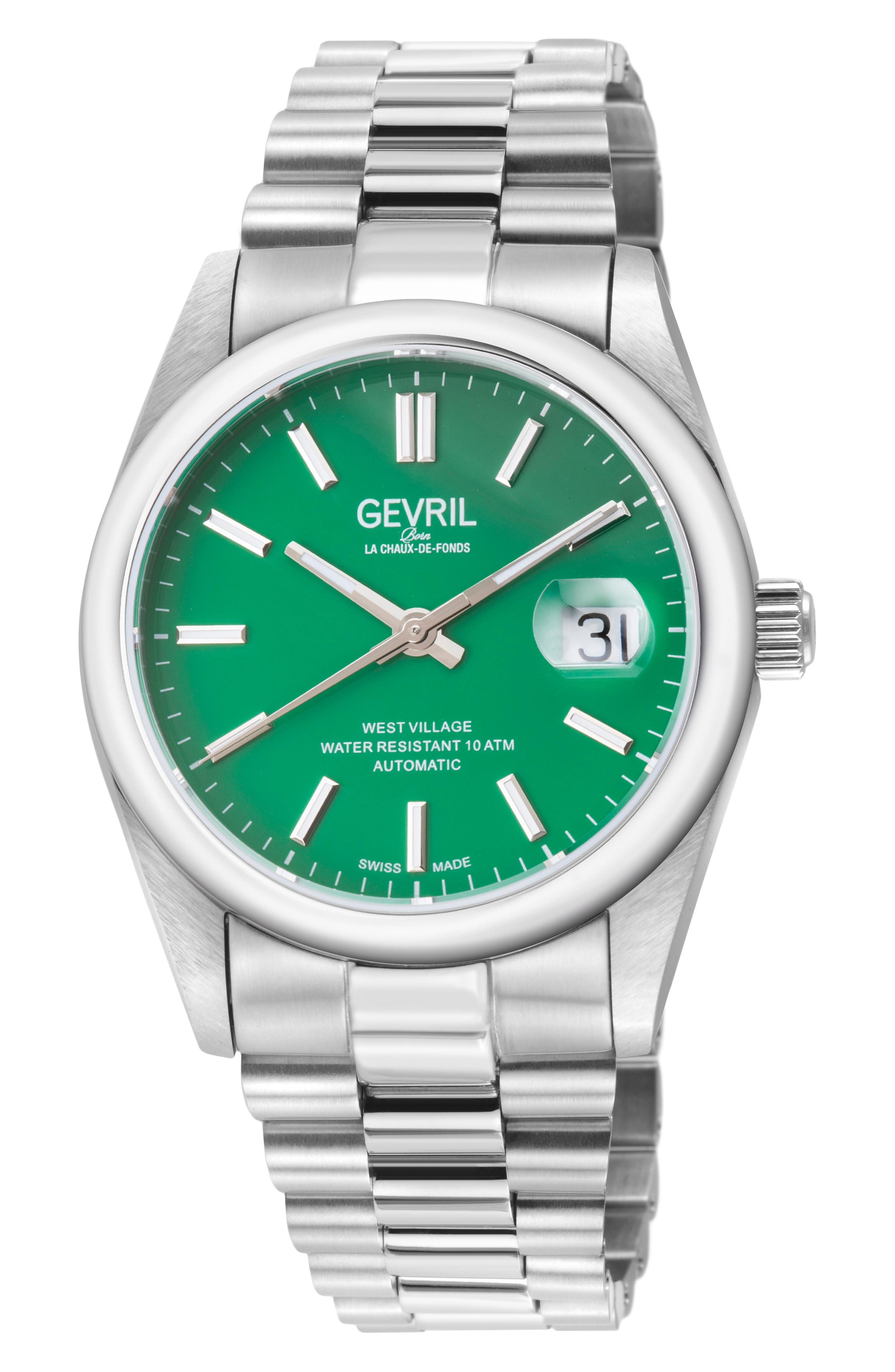 GEVRIL Automatic West Village Light Blue Aqua Dial Stainless Steel Bracelet Watch, 40mm