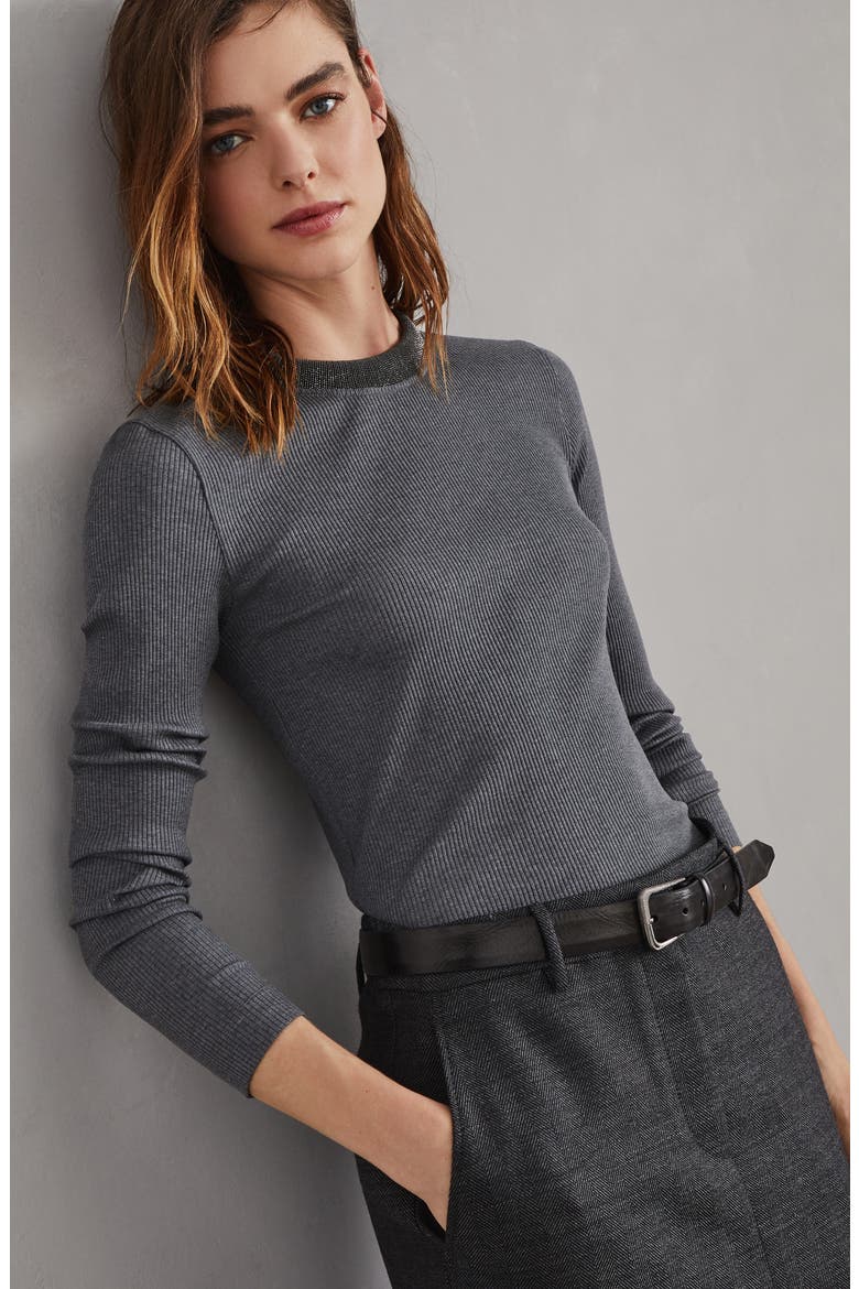 Comfort cotton ribbed jersey T-shirt with precious collar, Alternate, color, Dark Grey