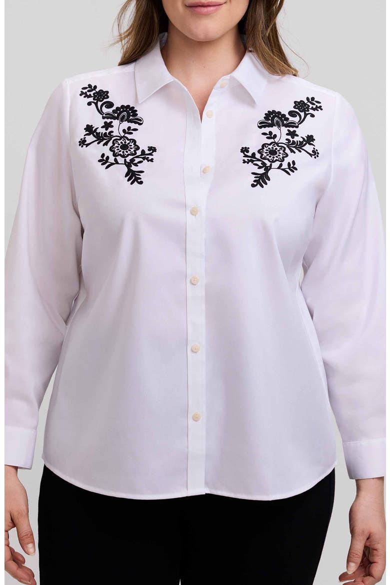 Hampton Floral Embroidered Cotton Blend Button-Up Shirt, Main, color, WHITE/ BLACK