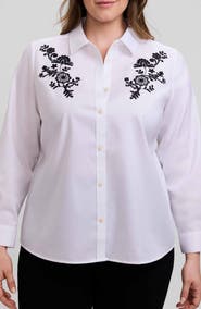 Foxcroft Hampton Floral Embroidered Cotton Blend Button-Up Shirt