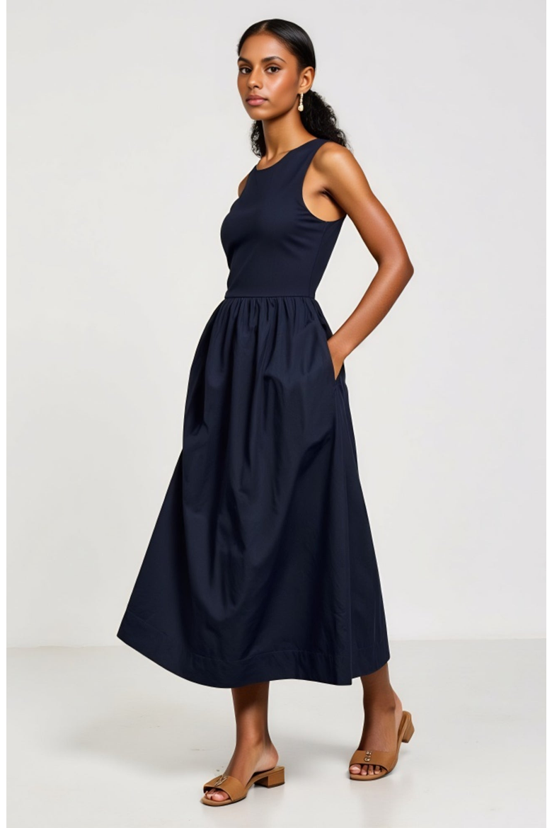 Sleeveless Fit-and-Flare Maxi Dress with Seam Waist and Side Pockets, Alternate, color, Navy Blue
