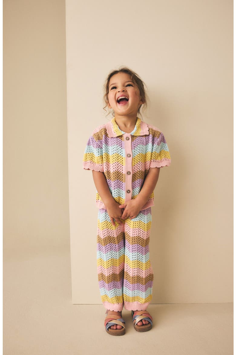 Kids' Wavy Stripe Open Knit Shirt & Pants Set, Alternate, color, PINK MULTI