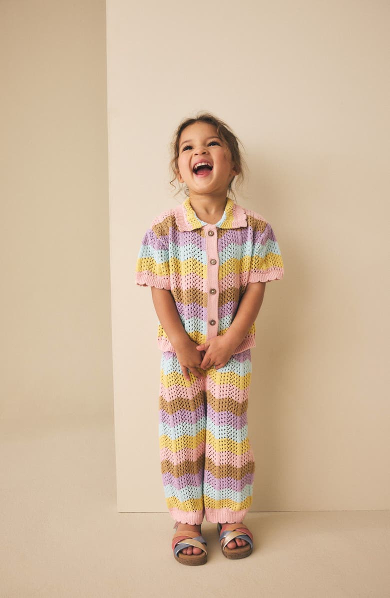NEXT Kids' Wavy Stripe Open Knit Shirt & Pants Set, Alternate, color, Pink Multi
