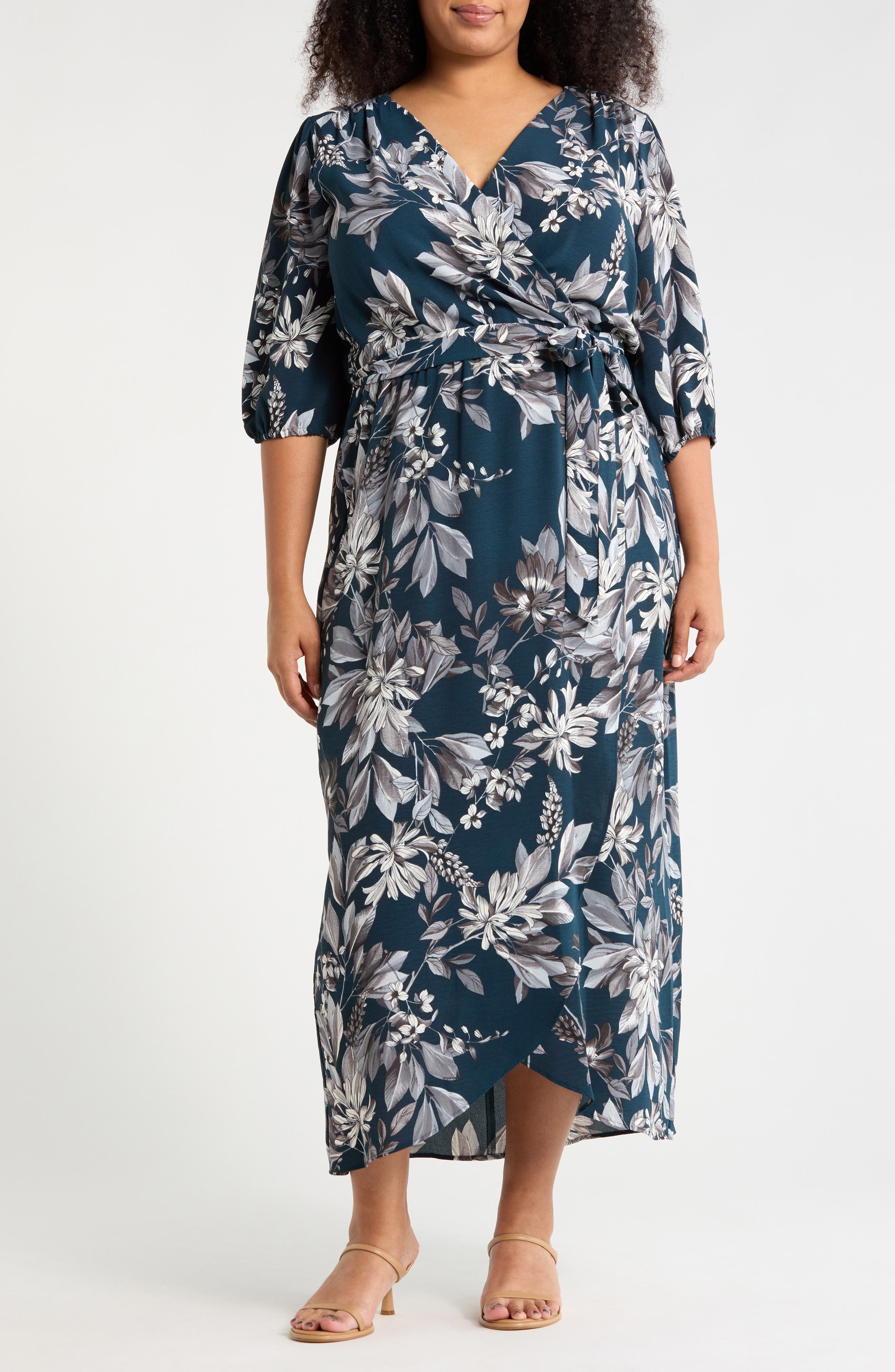 Connected Apparel Floral Puff Sleeve Wrap Midi Dress