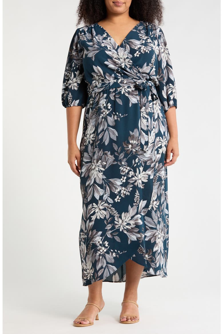 Floral Puff Sleeve Wrap Midi Dress, Main, color, DARK MALLARD
