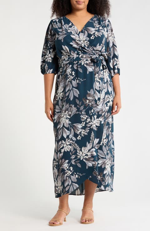 Floral Puff Sleeve Wrap Midi Dress (Plus)