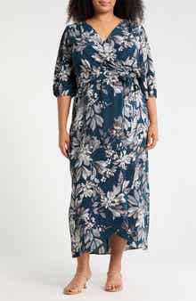 Connected Apparel Floral Puff Sleeve Wrap Midi Dress
