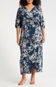 Connected Apparel Floral Puff Sleeve Wrap Midi Dress