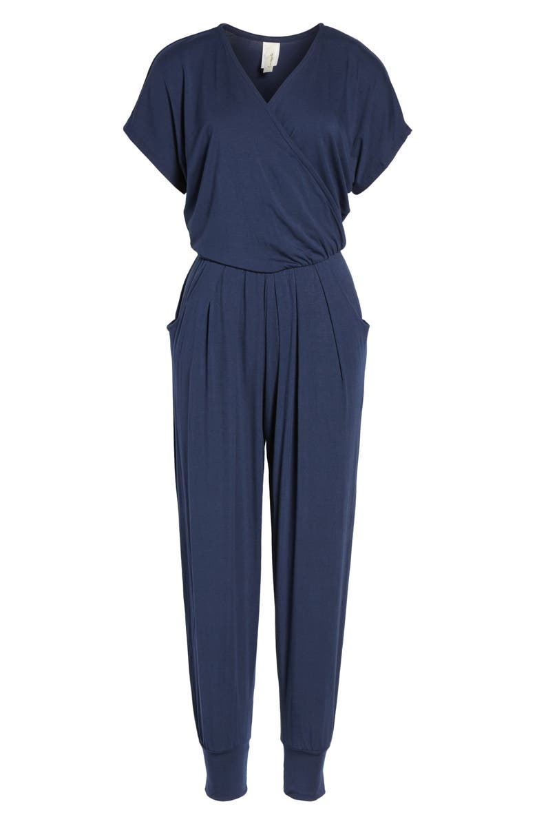 Loveappella Short Sleeve Wrap Top Jumpsuit, Main, color, Meridian